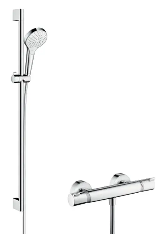 Duschanlage mit verchromten Elementen, bestehend aus einer Handbrause, Brausestange und Thermostat von Hansgrohe. Einrichtung für die Wandmontage.